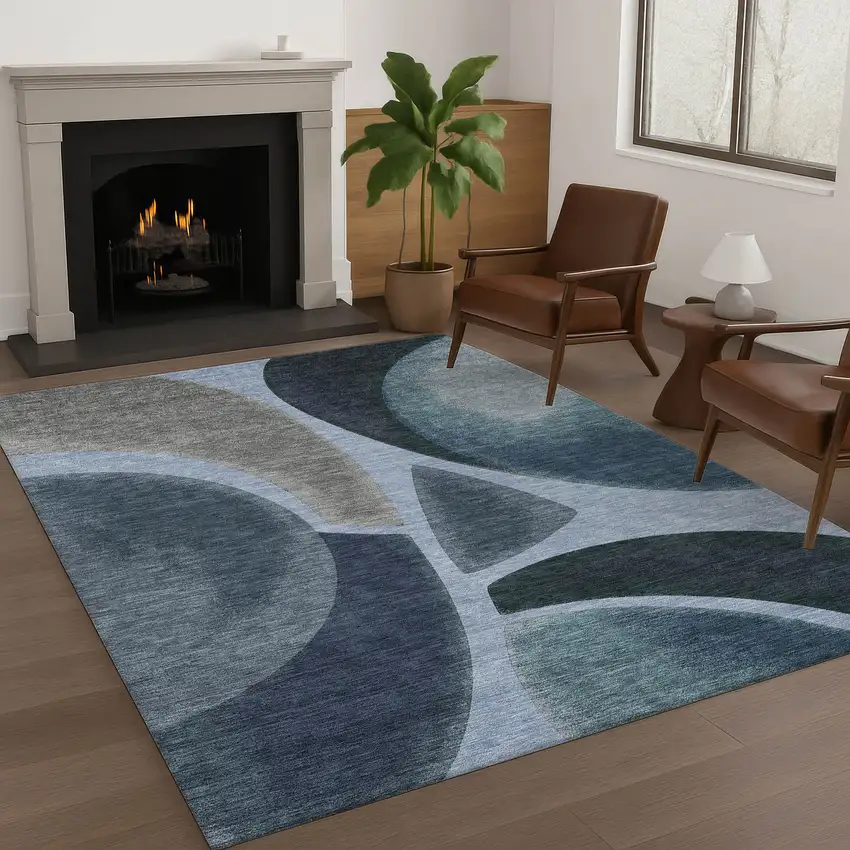 Denim Blue And Navy Blue Abstract Washable Indoor Outdoor Area Rug Photo 6
