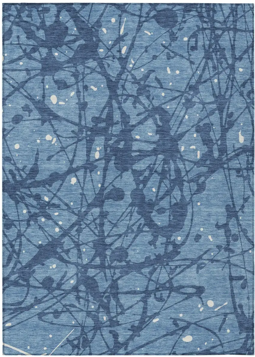 Denim Blue And Navy Blue Abstract Washable Indoor Outdoor Area Rug Photo 1