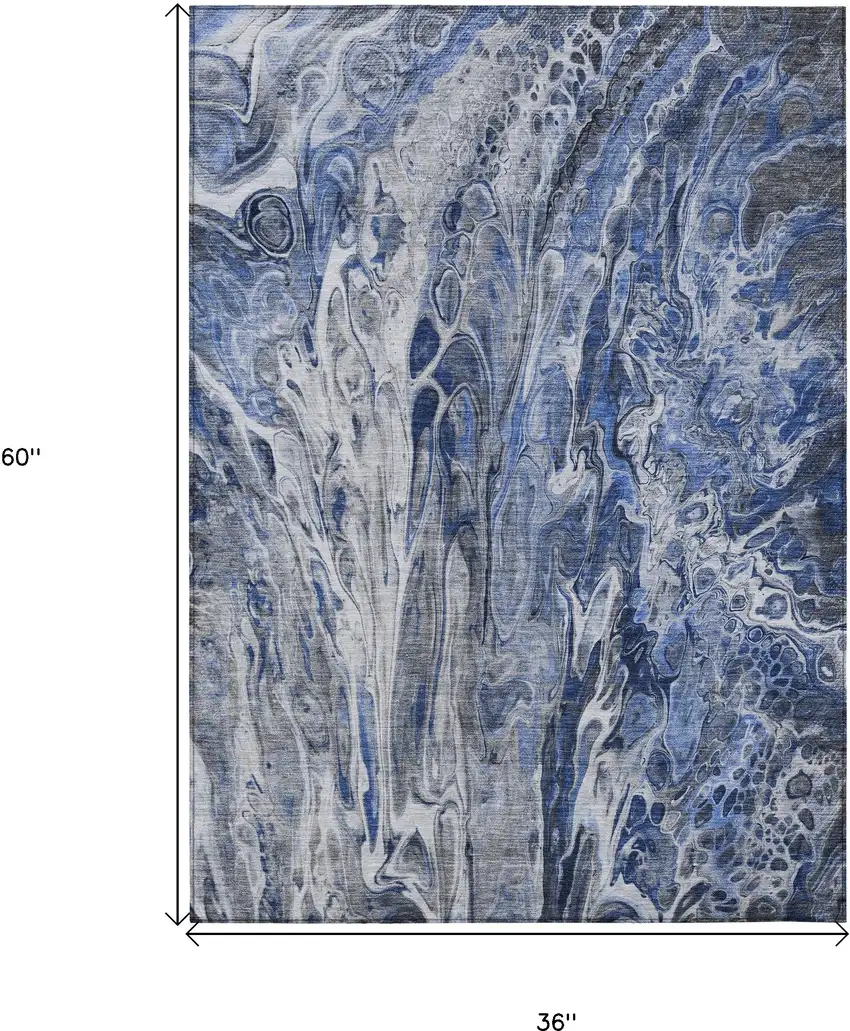 Denim Blue And Navy Blue Abstract Washable Indoor Outdoor Area Rug Photo 3