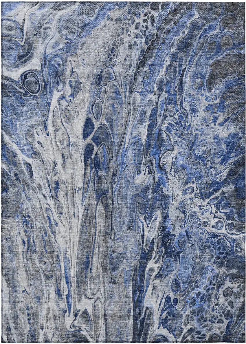 Denim Blue And Navy Blue Abstract Washable Indoor Outdoor Area Rug Photo 2