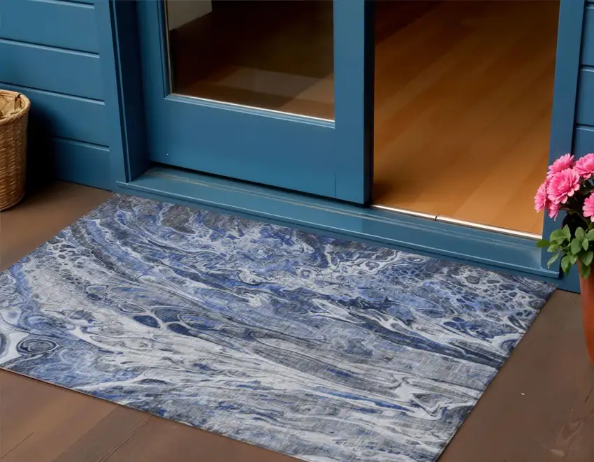 Denim Blue And Navy Blue Abstract Washable Indoor Outdoor Area Rug Photo 1