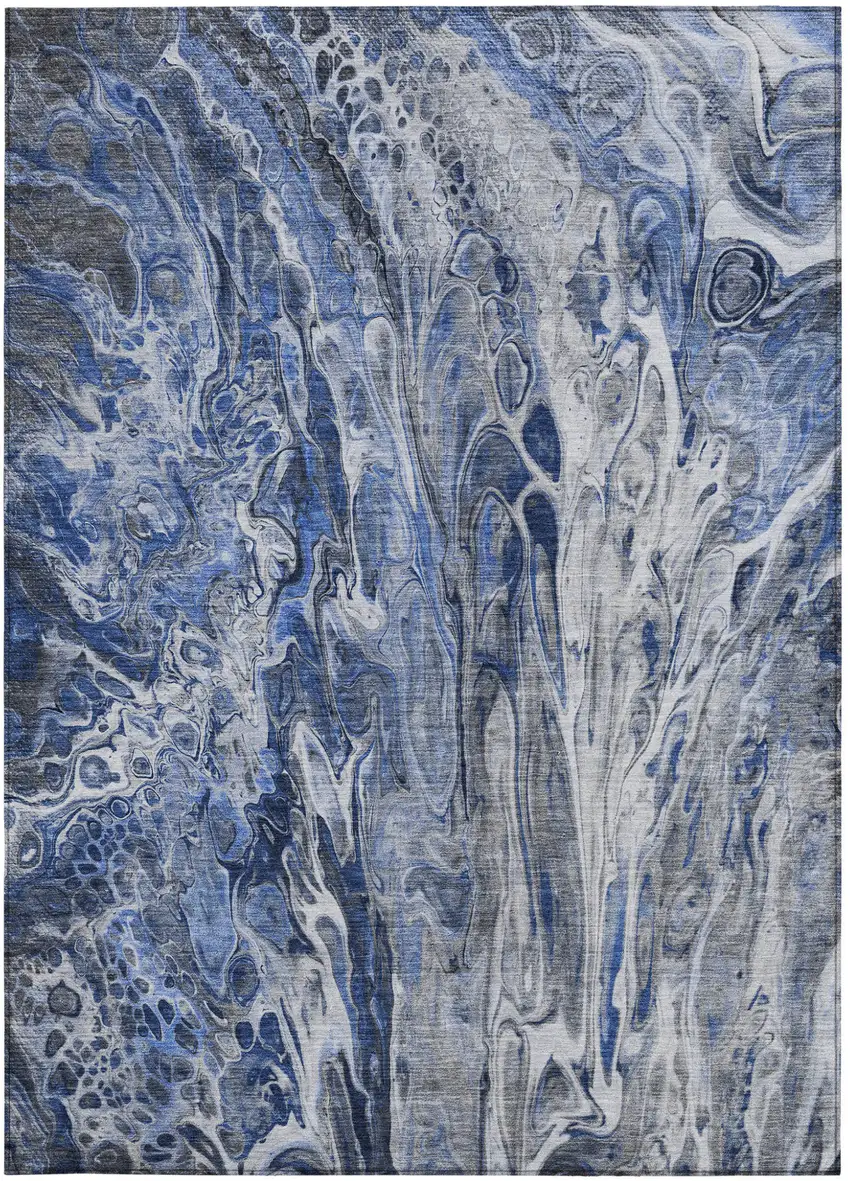 Denim Blue And Navy Blue Abstract Washable Indoor Outdoor Area Rug Photo 6