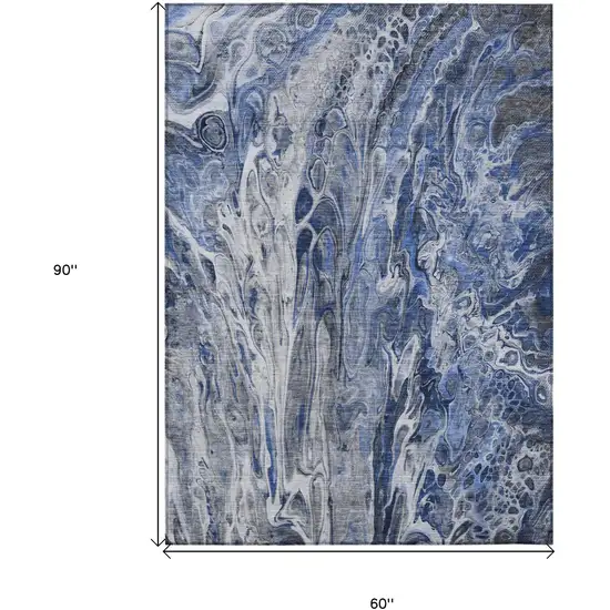Denim Blue And Navy Blue Abstract Washable Indoor Outdoor Area Rug Photo 6