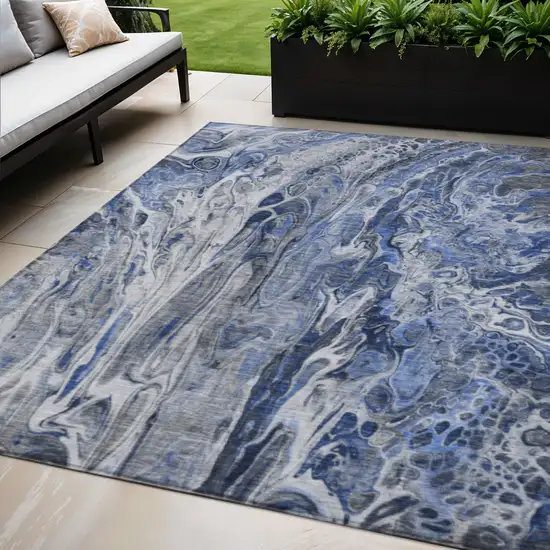 Denim Blue And Navy Blue Abstract Washable Indoor Outdoor Area Rug Photo 1