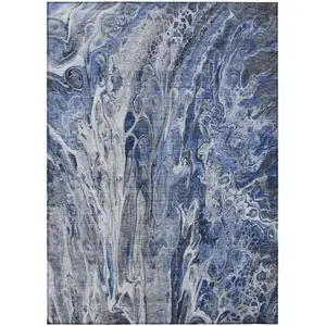Photo of Denim Blue And Navy Blue Abstract Washable Indoor Outdoor Area Rug