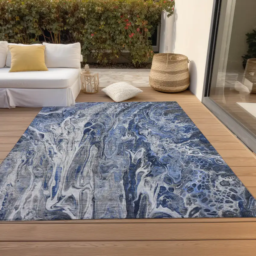 Denim Blue And Navy Blue Abstract Washable Indoor Outdoor Area Rug Photo 9