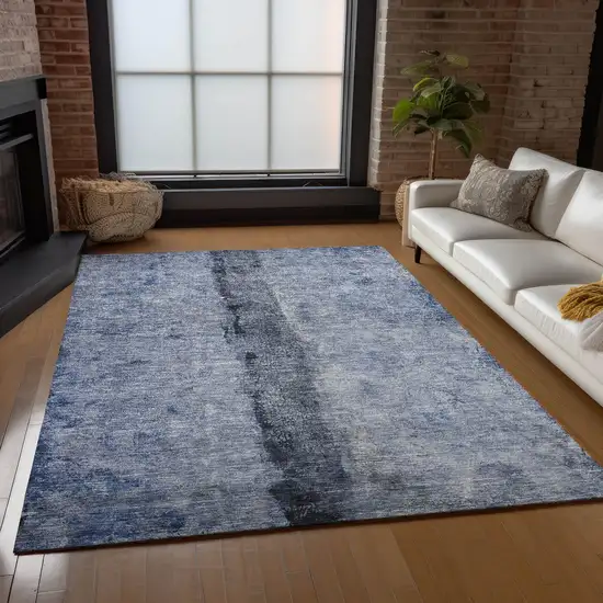 Denim Blue And Navy Blue Abstract Washable Indoor Outdoor Area Rug Photo 9