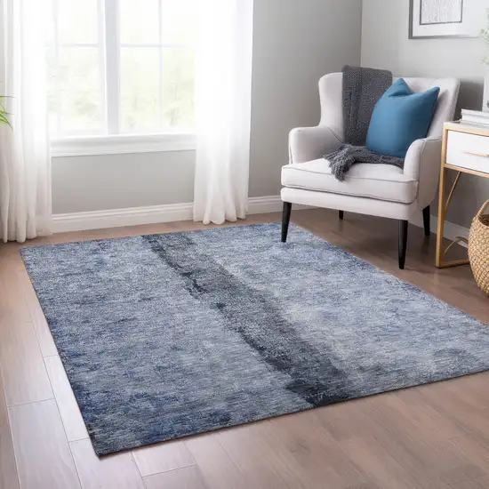 Denim Blue And Navy Blue Abstract Washable Indoor Outdoor Area Rug Photo 8