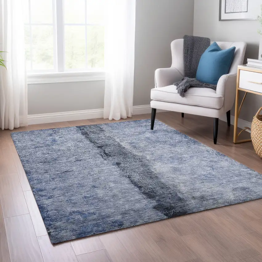 Denim Blue And Navy Blue Abstract Washable Indoor Outdoor Area Rug Photo 8