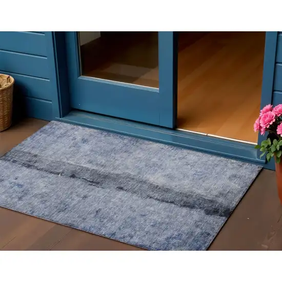 Denim Blue And Navy Blue Abstract Washable Indoor Outdoor Area Rug Photo 1