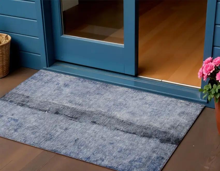 Denim Blue And Navy Blue Abstract Washable Indoor Outdoor Area Rug Photo 1
