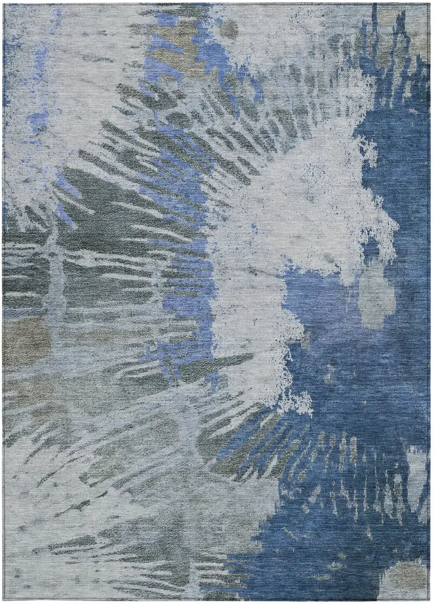 Denim Blue And Navy Blue Abstract Washable Indoor Outdoor Area Rug Photo 5