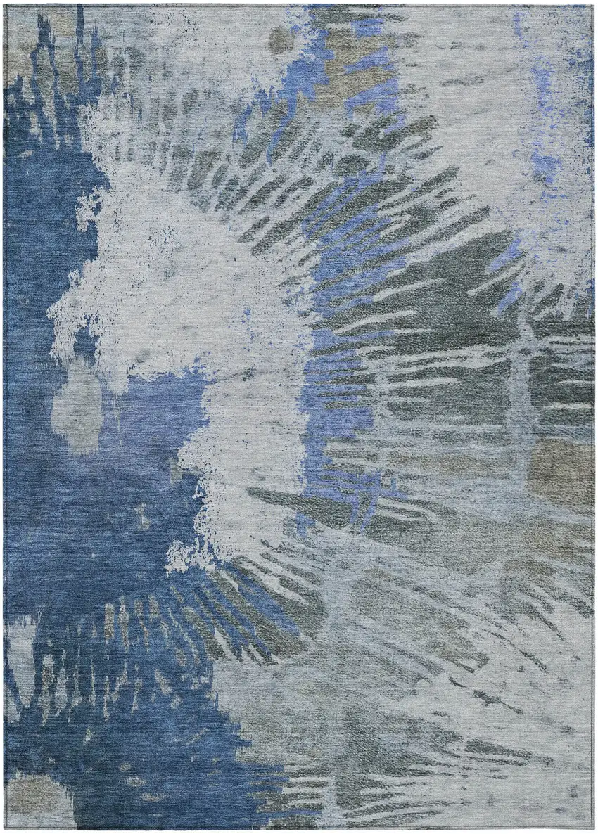 Denim Blue And Navy Blue Abstract Washable Indoor Outdoor Area Rug Photo 2