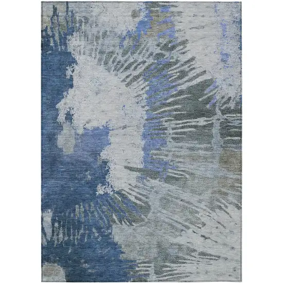 Denim Blue And Navy Blue Abstract Washable Indoor Outdoor Area Rug Photo 2