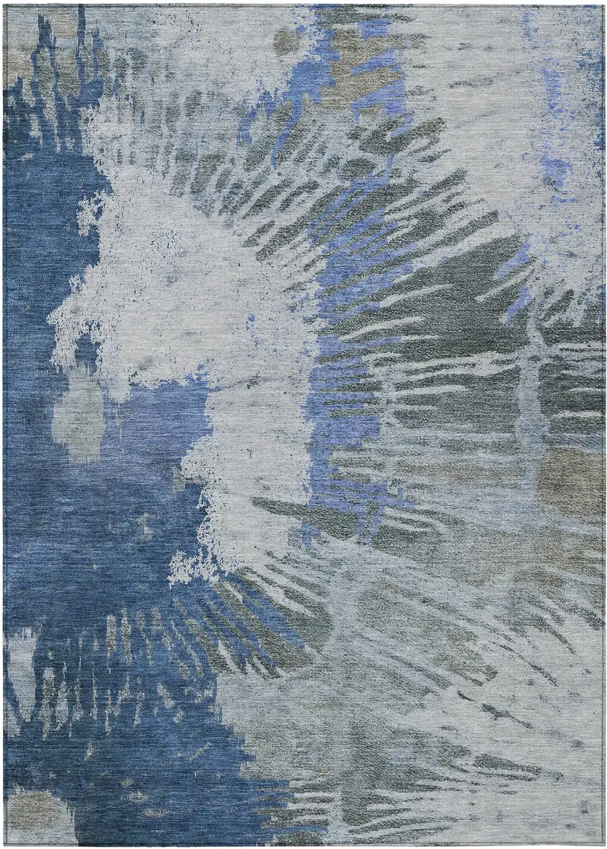 Denim Blue And Navy Blue Abstract Washable Indoor Outdoor Area Rug Photo 2