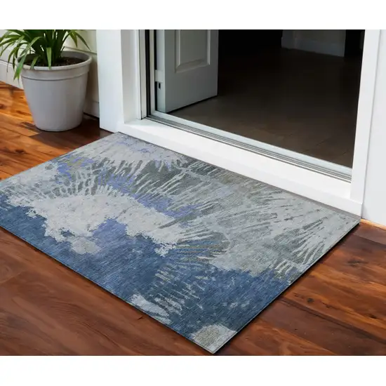 Denim Blue And Navy Blue Abstract Washable Indoor Outdoor Area Rug Photo 1