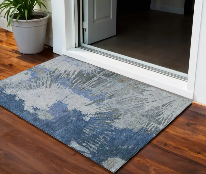 Denim Blue And Navy Blue Abstract Washable Indoor Outdoor Area Rug Photo 1