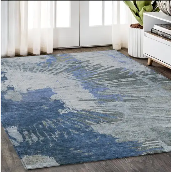 Denim Blue And Navy Blue Abstract Washable Indoor Outdoor Area Rug Photo 2