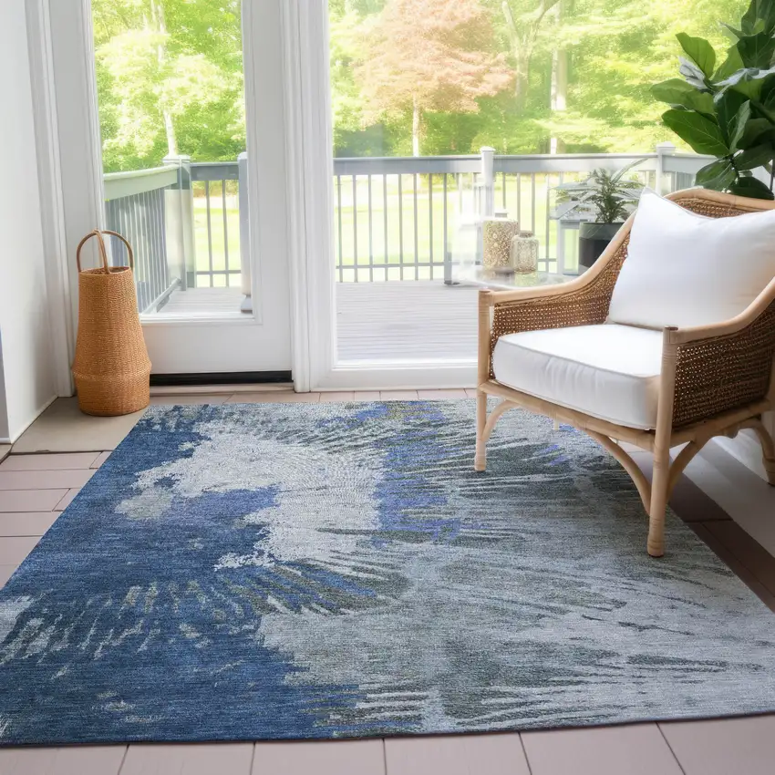 Denim Blue And Navy Blue Abstract Washable Indoor Outdoor Area Rug Photo 9