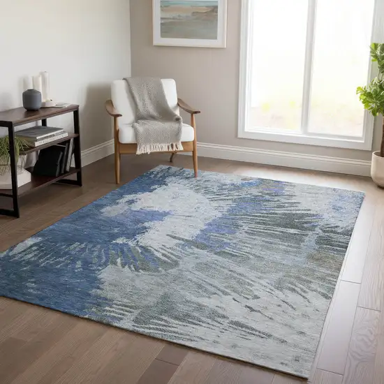 Denim Blue And Navy Blue Abstract Washable Indoor Outdoor Area Rug Photo 8