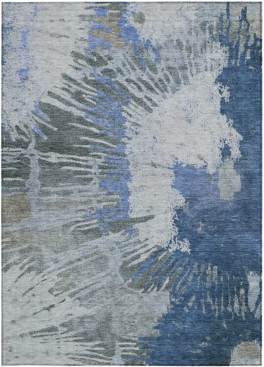 Denim Blue And Navy Blue Abstract Washable Indoor Outdoor Area Rug Photo 6