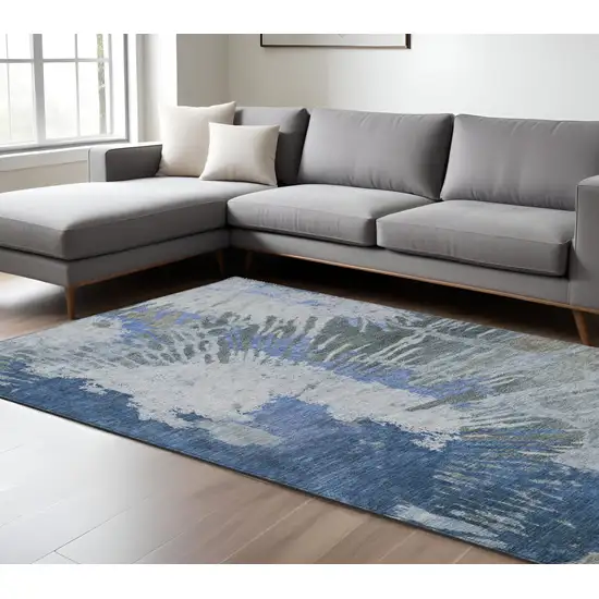 Denim Blue And Navy Blue Abstract Washable Indoor Outdoor Area Rug Photo 1