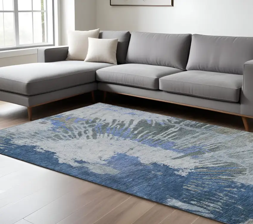 Denim Blue And Navy Blue Abstract Washable Indoor Outdoor Area Rug Photo 1