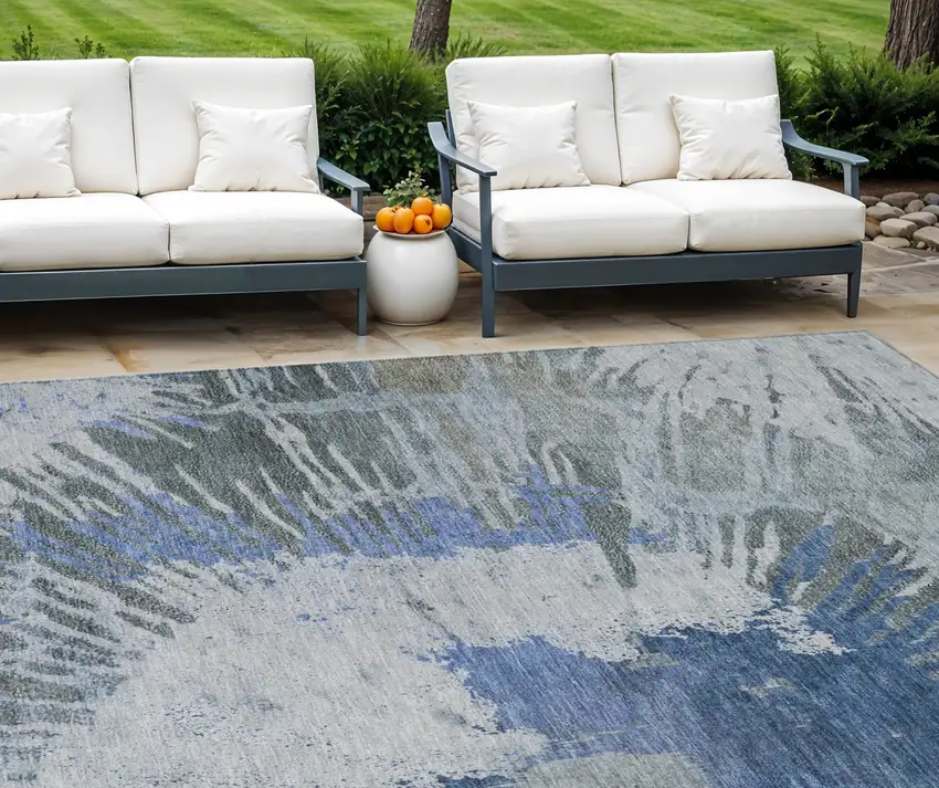 Denim Blue And Navy Blue Abstract Washable Indoor Outdoor Area Rug Photo 1