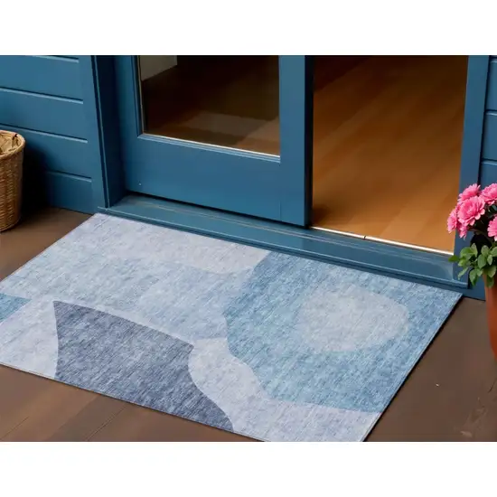 Denim Blue And Navy Blue Abstract Washable Indoor Outdoor Area Rug Photo 1