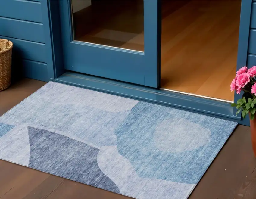 Denim Blue And Navy Blue Abstract Washable Indoor Outdoor Area Rug Photo 1