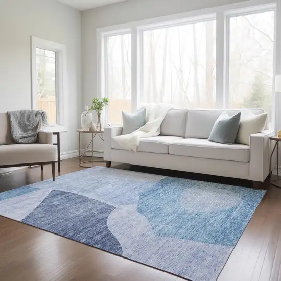 Denim Blue And Navy Blue Abstract Washable Indoor Outdoor Area Rug Photo 9