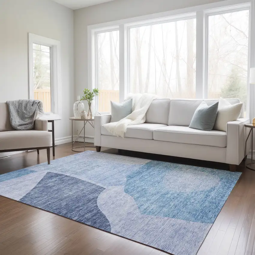 Denim Blue And Navy Blue Abstract Washable Indoor Outdoor Area Rug Photo 9