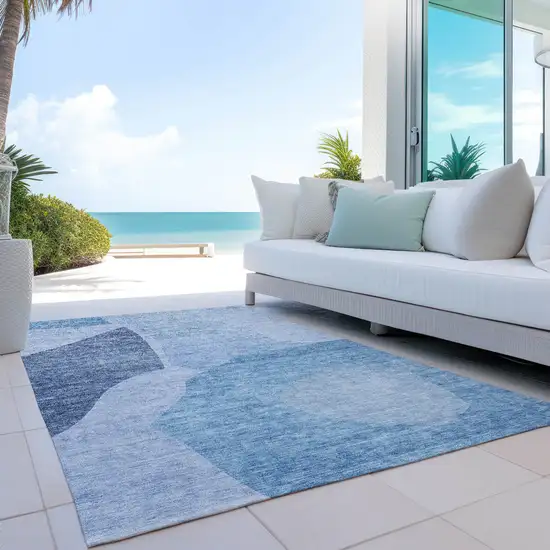 Denim Blue And Navy Blue Abstract Washable Indoor Outdoor Area Rug Photo 9