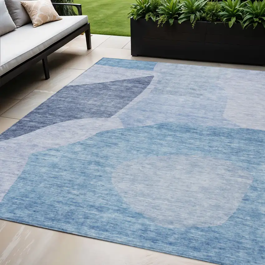 Denim Blue And Navy Blue Abstract Washable Indoor Outdoor Area Rug Photo 1