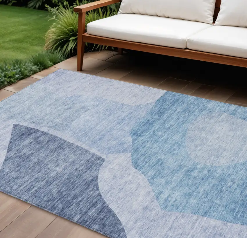 Denim Blue And Navy Blue Abstract Washable Indoor Outdoor Area Rug Photo 1