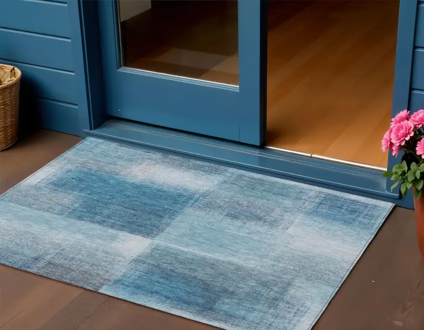 Denim Blue And Navy Blue Abstract Washable Indoor Outdoor Area Rug Photo 1