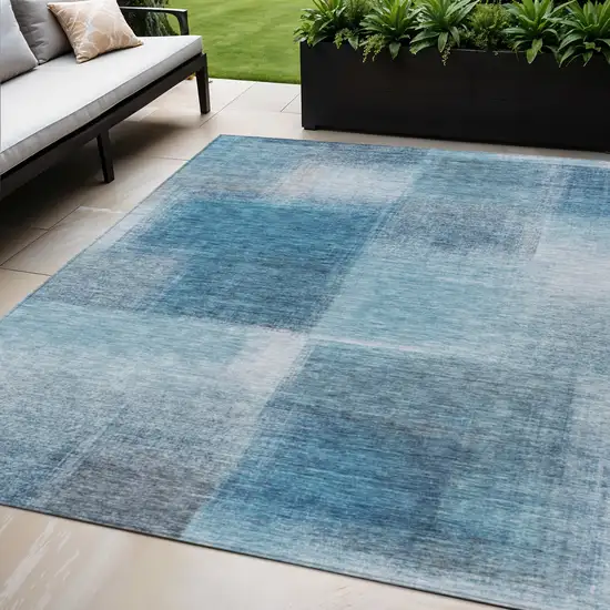 Denim Blue And Navy Blue Abstract Washable Indoor Outdoor Area Rug Photo 1