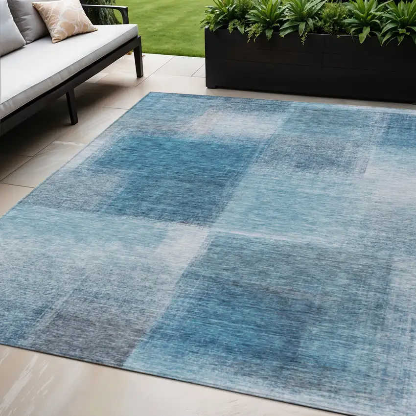 Denim Blue And Navy Blue Abstract Washable Indoor Outdoor Area Rug Photo 1