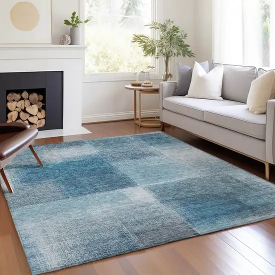 Denim Blue And Navy Blue Abstract Washable Indoor Outdoor Area Rug Photo 6