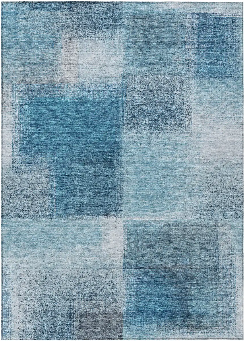 Denim Blue And Navy Blue Abstract Washable Indoor Outdoor Area Rug Photo 1