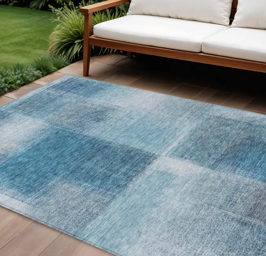 Denim Blue And Navy Blue Abstract Washable Indoor Outdoor Area Rug Photo 1