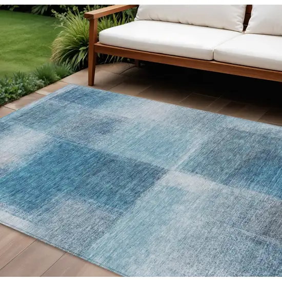 Denim Blue And Navy Blue Abstract Washable Indoor Outdoor Area Rug Photo 1