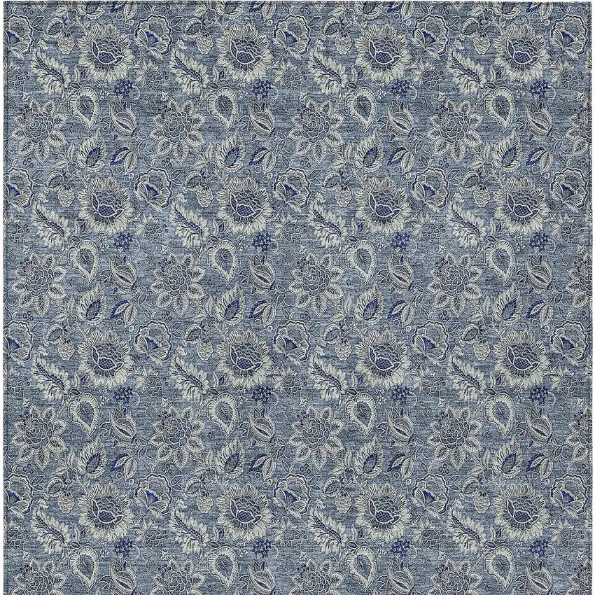 Denim Blue And Navy Blue Floral Washable Indoor Outdoor Area Rug Photo 6