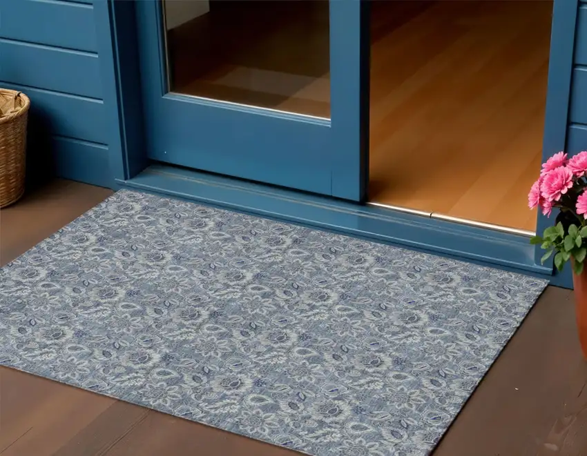 Denim Blue And Navy Blue Floral Washable Indoor Outdoor Area Rug Photo 1
