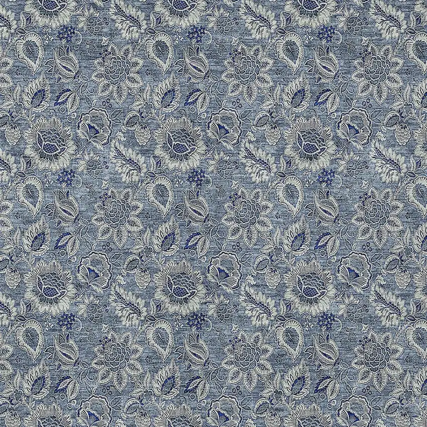 Denim Blue And Navy Blue Floral Washable Indoor Outdoor Area Rug Photo 5