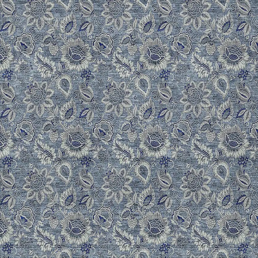 Denim Blue And Navy Blue Floral Washable Indoor Outdoor Area Rug Photo 6