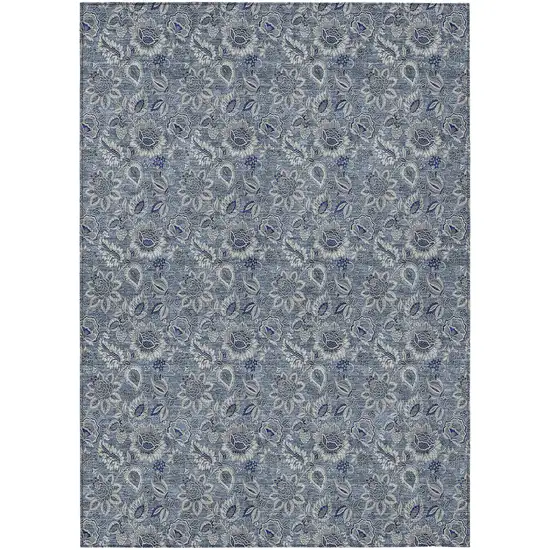 Denim Blue And Navy Blue Floral Washable Indoor Outdoor Area Rug Photo 2