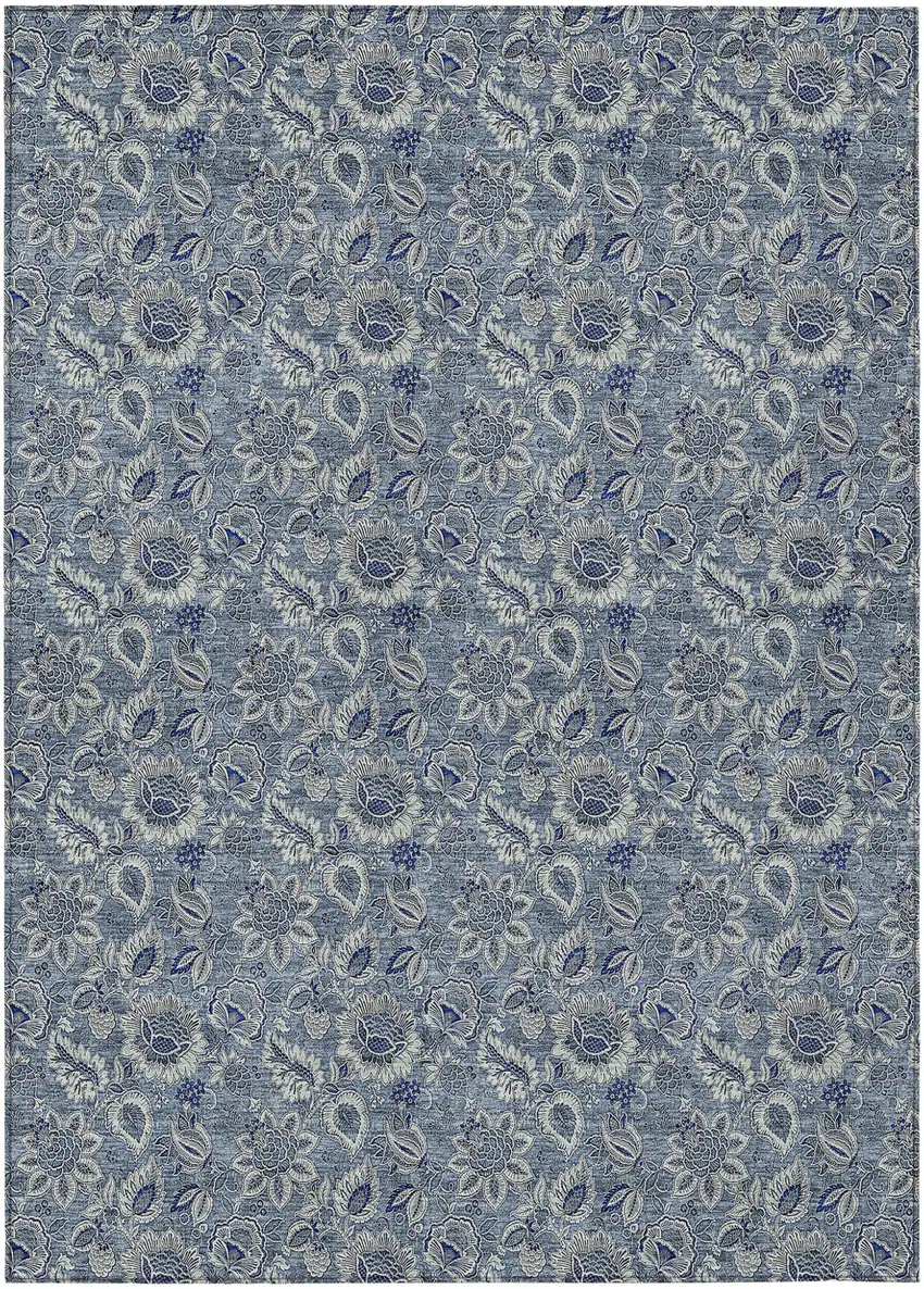 Denim Blue And Navy Blue Floral Washable Indoor Outdoor Area Rug Photo 2