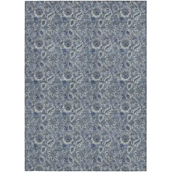 Denim Blue And Navy Blue Floral Washable Indoor Outdoor Area Rug Photo 7
