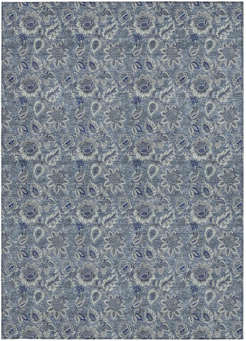 Denim Blue And Navy Blue Floral Washable Indoor Outdoor Area Rug Photo 7